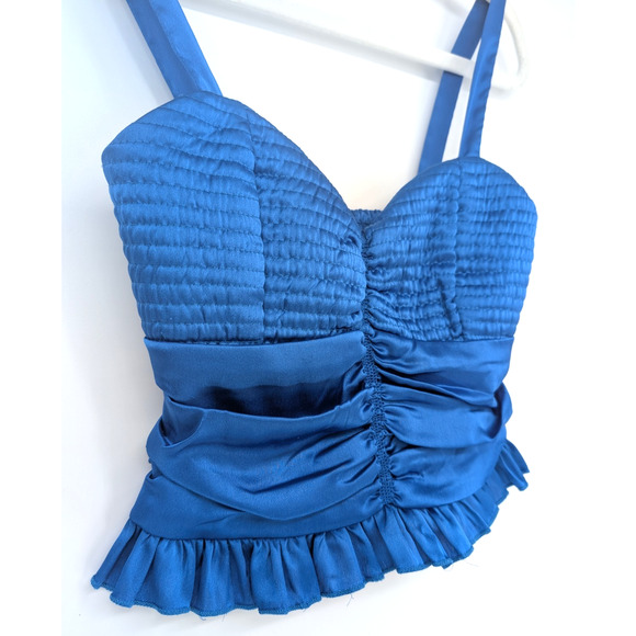 Blue Satin Renaissance Victorian Prairie Ruched Peplum Ruffle Smocked Camisole - Picture 4 of 7